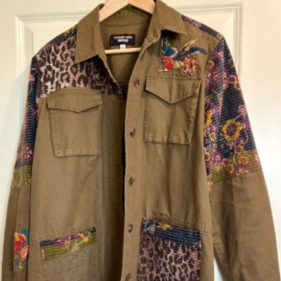 JOHNNY WAS WORKSHOP Patchwork Boho Military Jacket Floral Animal Print (Size L) - Picture 1 of 4